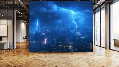 Cityscape Under a Thunderous Storm with Lightning Striking Wall mural