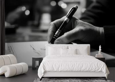 Close-up of a hand signing a document with a fountain pen. Wall mural