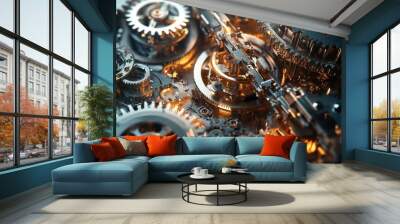 Close-up of Interlocking Metallic Gears in a Complex Mechanism Wall mural