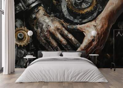 Close-up of Two Hands Intertwined with Grunge Gear Background Wall mural