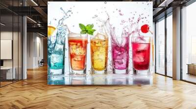 Colorful Cocktails with Ice and Splashing Water Wall mural