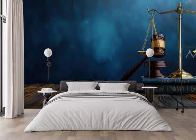 Concept for law firm business with copy space. Scales of justice on wooden table in dark blue background. Wall mural