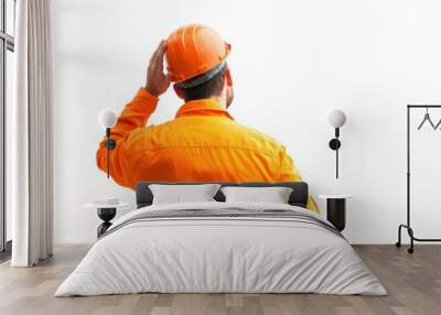 Construction Worker in Orange Jumpsuit and Hard Hat Facing Away from Camera Wall mural