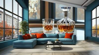 Crystal Decanter and Glass of Amber Liquid on a Marble Tabletop Wall mural