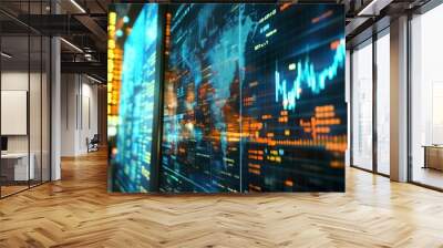 Digital Display of Financial Data with a World Map and Stock Charts Wall mural