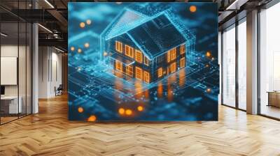 Digital Representation of a Modern House on a Circuit Board Wall mural