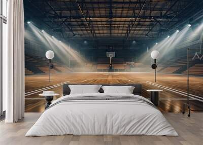 Empty basketball court with dramatic lighting on blurred background. Wall mural