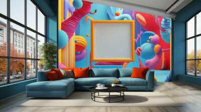 Empty Picture Frame Surrounded by Abstract Colorful Shapes Wall mural