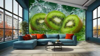 Fresh Kiwi Slices Splashing in Water Wall mural