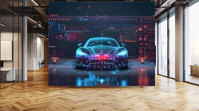 Futuristic auto service station with 3D smart car and HUD interface. Wall mural