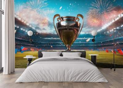 Golden Trophy on a Soccer Field with Fireworks Wall mural