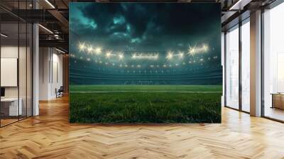 Grass field on the stadium. Fans in an abandoned soccer stadium during the nighttime. Wall mural