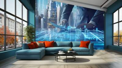 Hand pointing at digital virtual reality modern commercial building hologram. Real estate for investment building technology concept. Wall mural