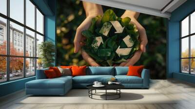 Hands Holding Green Leaves with White Recycling Symbol Wall mural