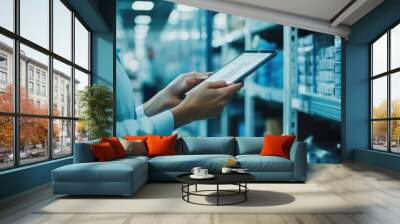 Inventory Management: Worker Using a Tablet in a Warehouse Wall mural