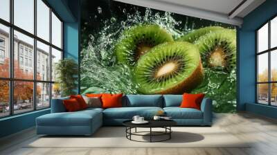 Kiwi Fruit Slices Splashing in Water Wall mural