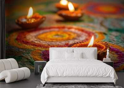 Lit Clay Diyas on a Colorful Rangoli Design Wall mural