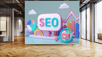 Playful 3D Illustration of Pastel SEO Elements with Globe, Pie Chart, and Magnifying Glass Wall mural