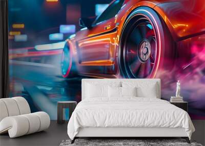 Racing sports car on neon highway. Powerful acceleration of a supercar on a night track with colorful lights and tracks. Blur at high speed. Wall mural