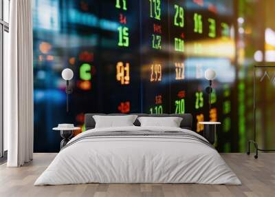 Stock Market Data Display with Numbers and  Reflective Blurry Background Wall mural