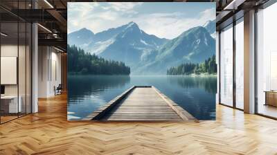 tranquil mountain lake with a wooden dock, surrounded by the beauty of nature. Wall mural