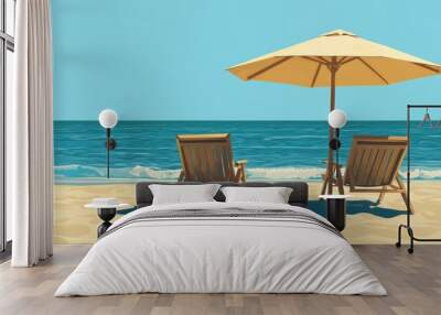 Two Beach Chairs Facing the Ocean with Umbrella Wall mural