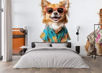 Two Chihuahuas in Sunglasses and Hawaiian Shirts Ready to Travel Wall mural