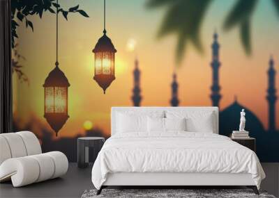 Two Ornate Lanterns Hanging Against a Sunset with Silhouette of Mosque Domes in the Background Wall mural