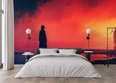 Two Silhouettes Facing Each Other Across a Watery Divide Under a Crimson Sky Wall mural