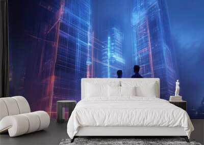 Two Silhouettes Standing Before Illuminated Cityscape with Neon Lines Wall mural