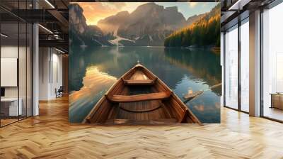 Wooden boat on the crystal lake. Beautiful autumn day by lake Braies in the Dolomites on a moody morning. Wall mural