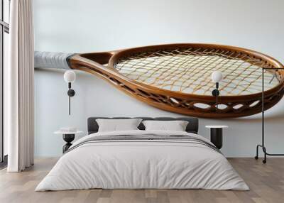 Wooden Tennis Racket with Intricate Design and White Grip Wall mural