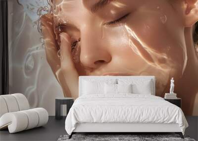 Young woman with clean skin and splash of water. Women for face wash product model, with hand on her face glowing, healthy skin. Wall mural