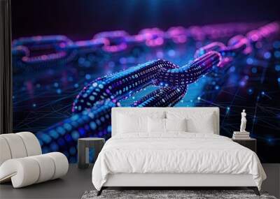 Digital blockchain technology with blue neon color backgrounds Wall mural