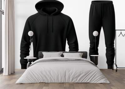 Black sweatshirt with hood and sweatpants isolated on white hooded sportswear suit mockup Wall mural