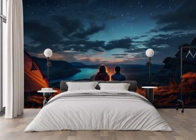 Imaginative couple camping outdoors and watching the starry sky at night, camping at night starry sky, couple watching the starry sky Wall mural