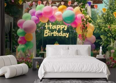 With balloon arch and birthday cake: Happy birthday greeting card, outdoor venue decorated with balloons and cake with happy birthday message, birthday party venue, birthday party invitation, outdoor  Wall mural