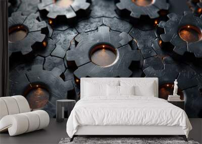 Abstract industrial wallpaper pattern resembling mechanical gears and cogs in metallic shades of silver, bronze, and copper on a dark background. Wall mural