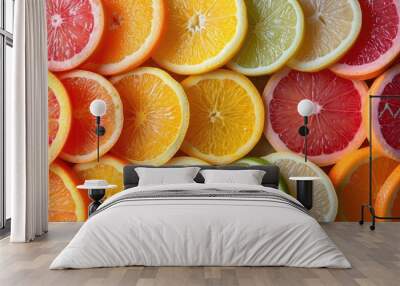 An elegant background with slices of various citrus fruits like oranges, lemons, and limes arranged artistically for a freshness. Wall mural