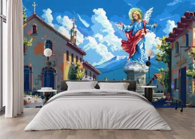 Christian religious background in colorful pixel-art style. Wall mural