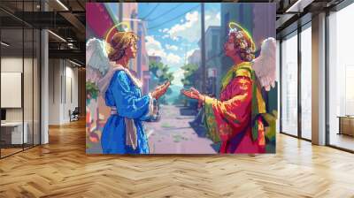 Christian religious background in colorful pixel-art style. Wall mural