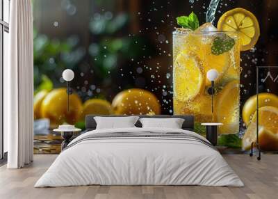 Lemonade being poured into the glass, brimming with zest and vitality, highlighting the drinks vibrant yellow color and effervescence. Wall mural