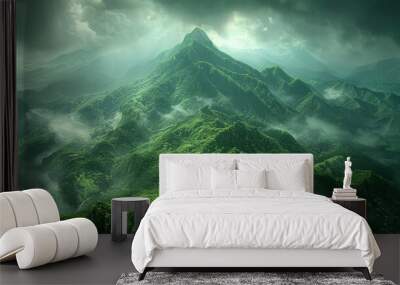 Majestic Mountains Landscape and Mist-Covered Peaks, Spring Wonderland: Breathtaking Views of Mist-Covered Peaks. Wall mural