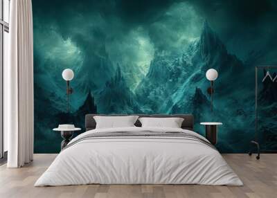 Majestic Mountains Landscape and Mist-Covered Peaks, Spring Wonderland: Breathtaking Views of Mist-Covered Peaks. Wall mural