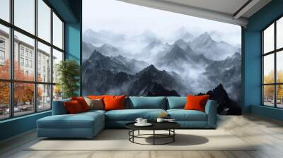 Majestic Mountains Landscape and Mist-Covered Peaks, Spring Wonderland: Breathtaking Views of Mist-Covered Peaks. Wall mural