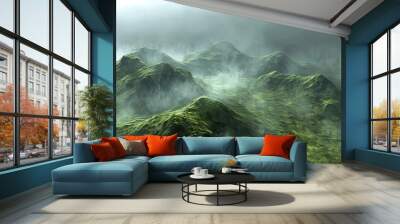 Majestic Mountains Landscape and Mist-Covered Peaks, Spring Wonderland: Breathtaking Views of Mist-Covered Peaks. Wall mural