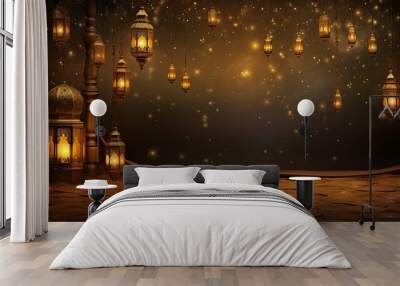 Night ramadan themed background, traditional Muslim lanterns gold particles and small lanterns hanging - background on Muslim theme - free space for text  Wall mural