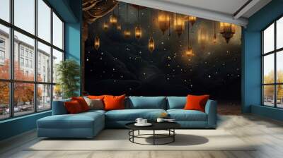 Night ramadan themed background, traditional Muslim lanterns gold particles and small lanterns hanging - background on Muslim theme - free space for text  Wall mural