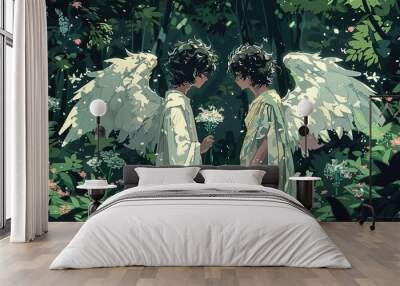 Painting of two angels meeting in the middle of the forest. Realistic painting. Wall mural