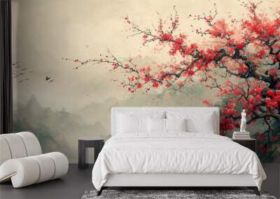 Traditional Japanese style landscape with sakura, fog, and hills on a vintage watercolor background. Wall mural